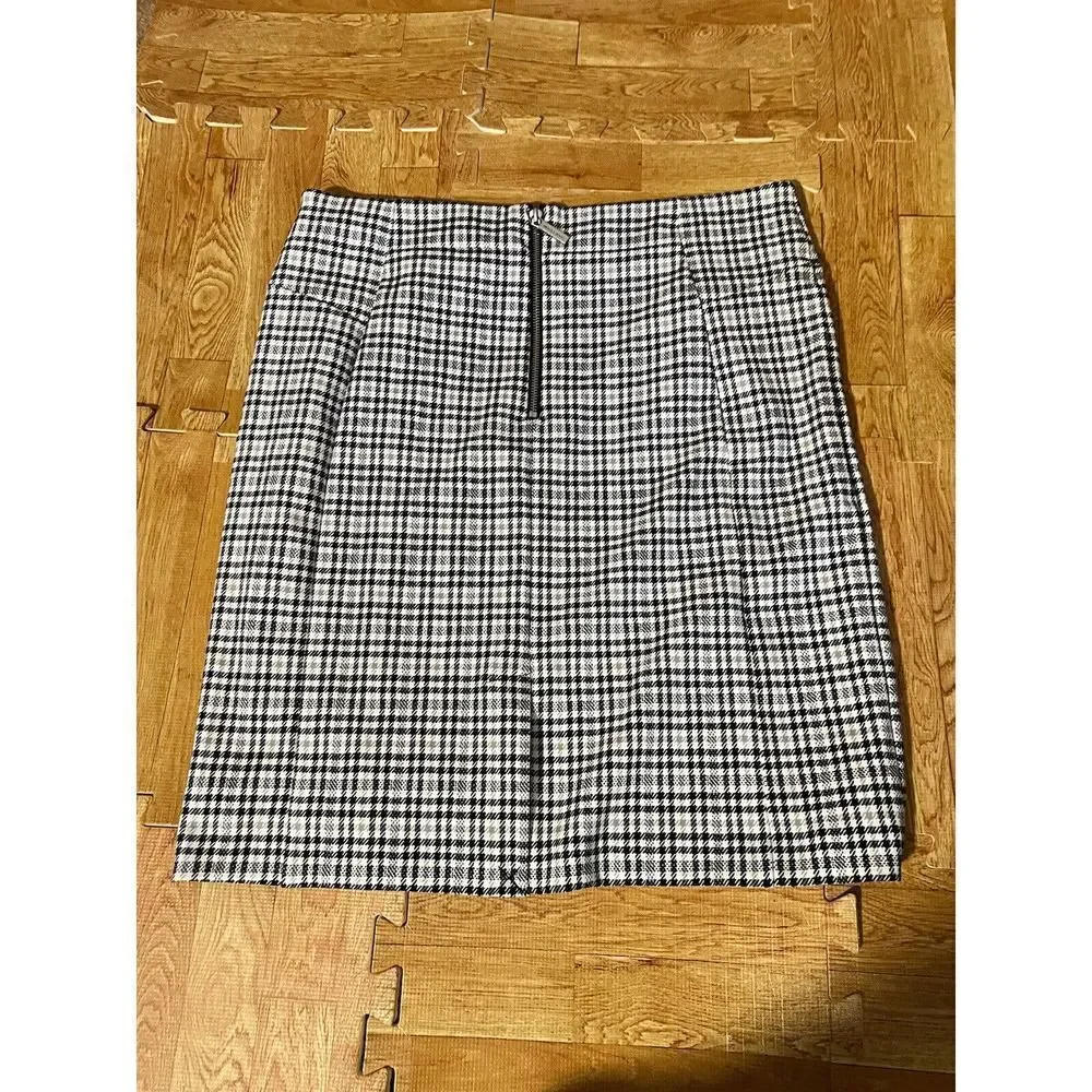 Michael Kors Lined A Line Skirt Size L Large Black White Plaid Rear Zip Business